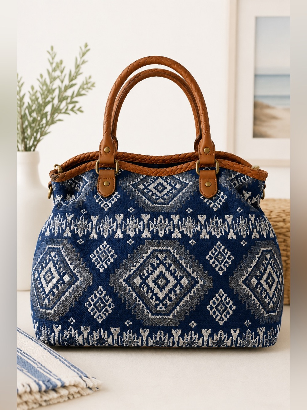 Coastal Boho Jacquard Tote | Woven Weekender Shoulder Bag